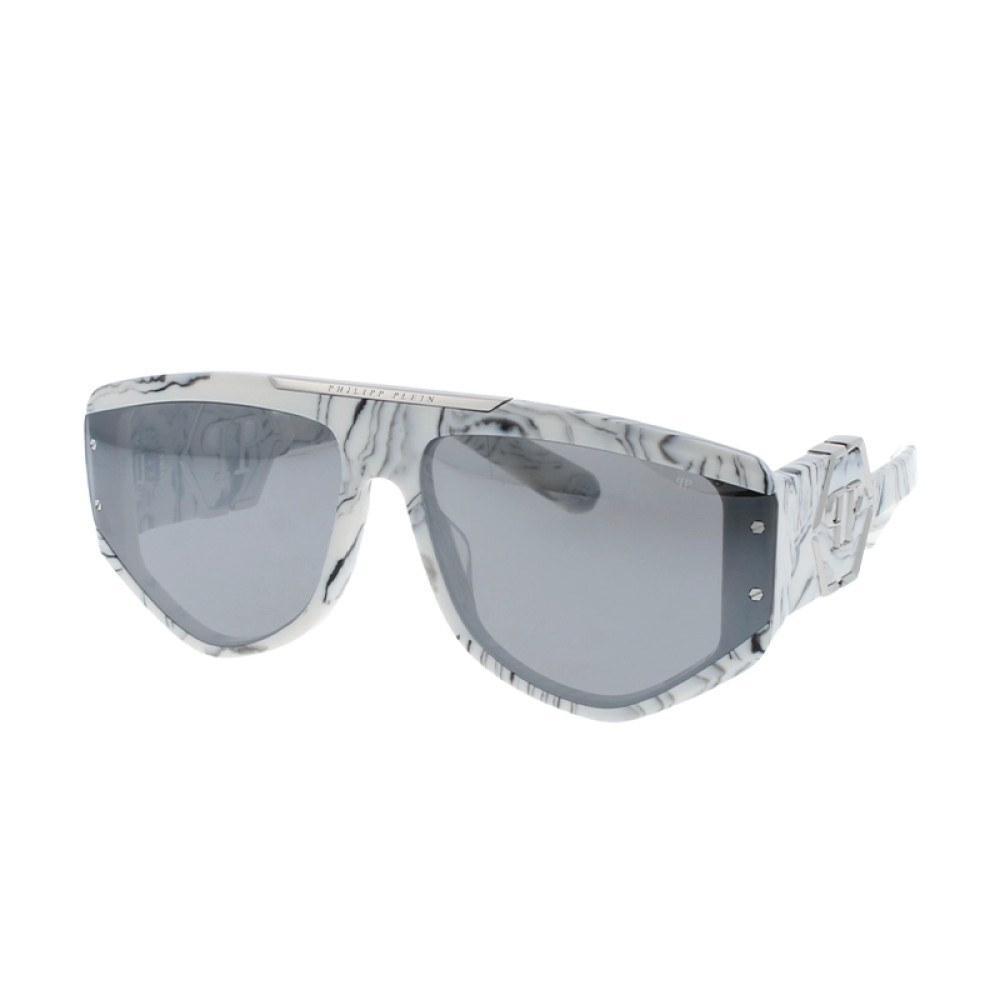 Philipp Plein SPP093 EGO - 9YLX - 65 Lunettes de soleil Blanc, Noir, À motifs Pilote (Aviateur)
