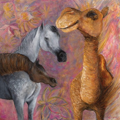 Fanni Mikó - Peintures - THE CAMEL WITH TWO HORSES - 2023, ACRYLIC, CANVAS - 100 X 100