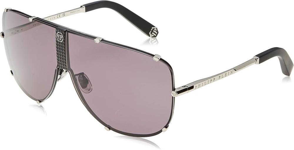 Philipp Plein SPP075 STUD - 0K07 - 69 Lunettes de soleil Argent, Noir Bouclier